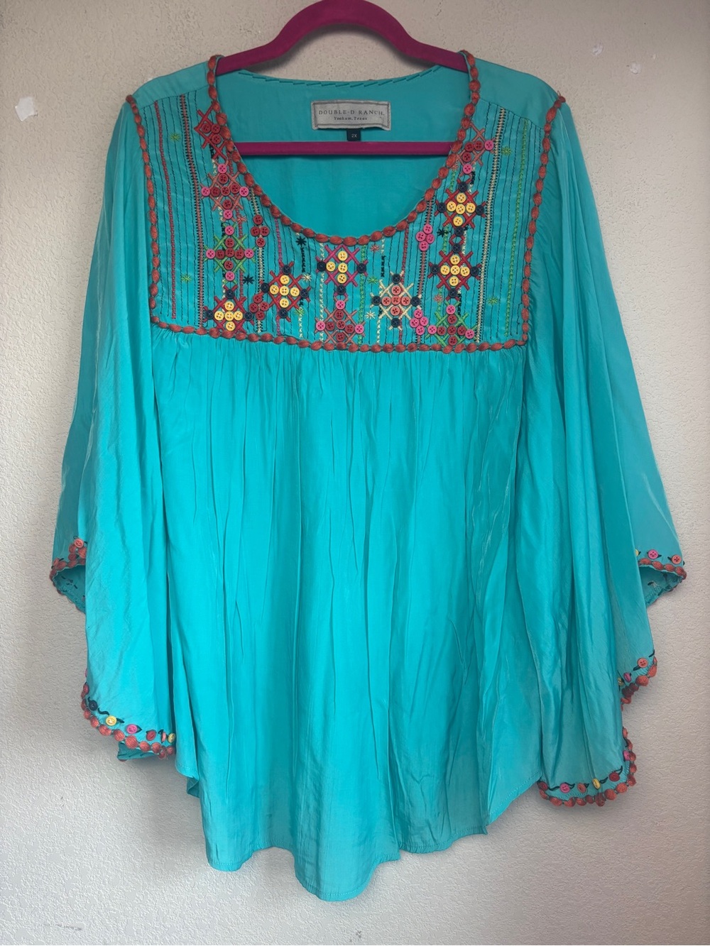 Double D Ranch Turquoise Embroidered Southwestern Boho Cape Sleeve Tunic Top 2X